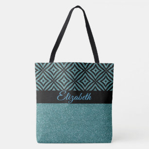 Modern Aqua Glitter  Black Pattern Pesonalized Tote Bag