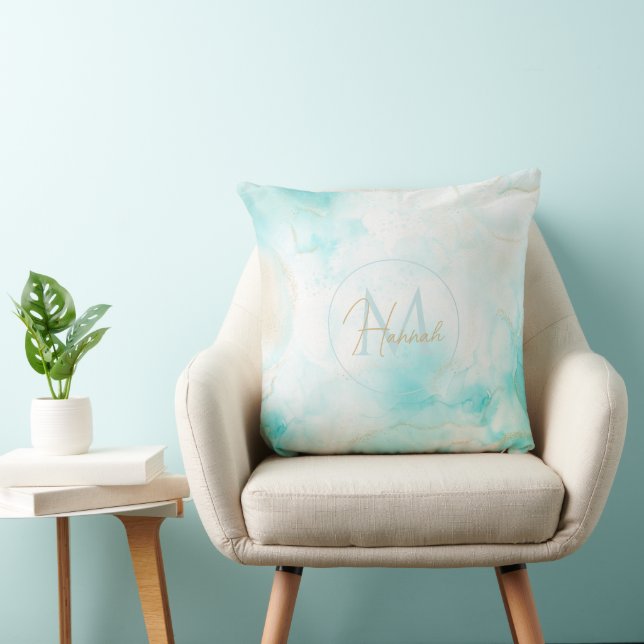 Modern Aqua Gold Alcohol Ink Art Watercolor Ocean Cushion (Chair)