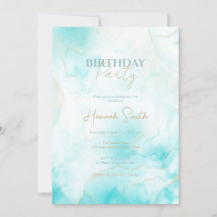 Modern Aqua Gold Alcohol Ink Art Watercolor Ocean Invitation