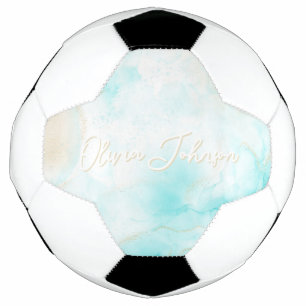 Modern Aqua Gold Alcohol Ink Art Watercolor Ocean Soccer Ball