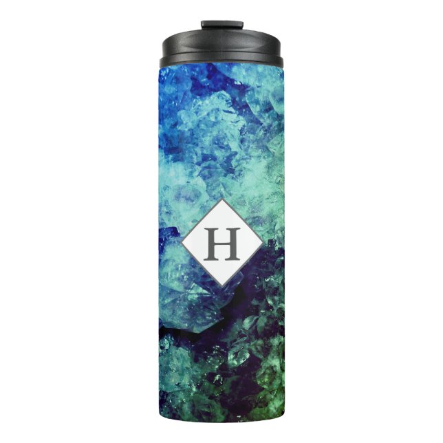 Modern Aqua & Green Geode with Initial Thermal Tumbler (Front)