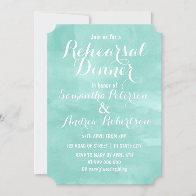 Modern aqua green watercolor rehearsal dinner invitation (Front)