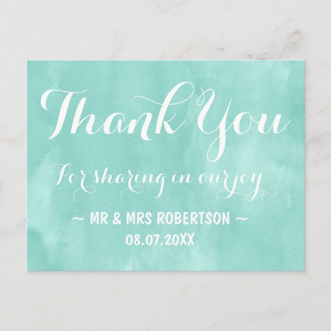 Modern aqua green watercolor thank you postcard (Front)