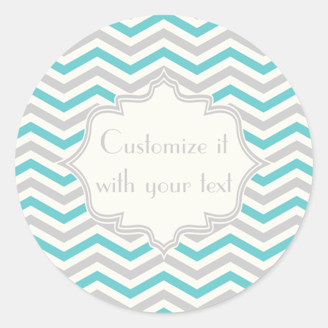 Modern aqua, grey, ivory chevron pattern classic round sticker (Front)