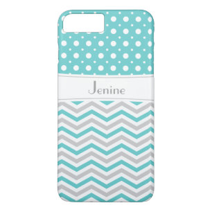 Modern aqua, grey, white chevron & polka dot iPhone 8 plus/7 plus case