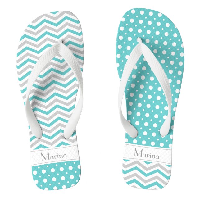 Modern aqua, grey, white chevron & polka dot thongs (Footbed)