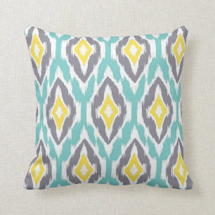 Modern aqua grey yellow Ikat Tribal Pattern 1a Cushion
