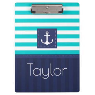 Modern Aqua Navy Stripes Anchor Personalised Clipboard