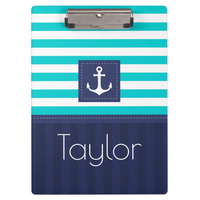 Modern Aqua Navy Stripes Anchor Personalised Clipboard (Front)