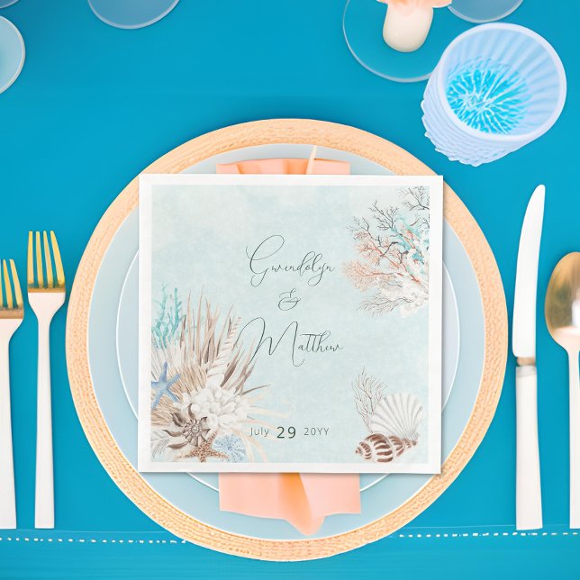 Modern Aqua Ocean & Shells Wedding Napkin (Modern Aqua Ocean & Shells Wedding Dinner Napkin)