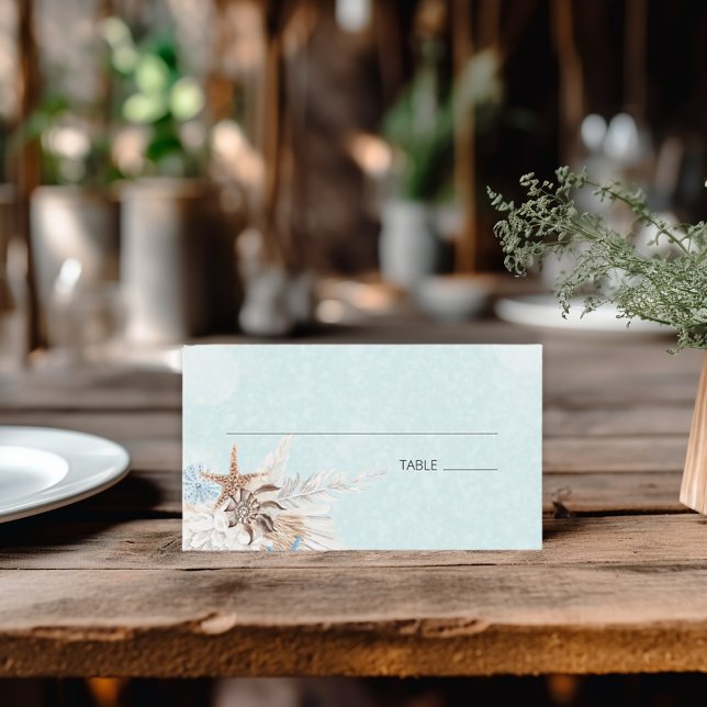 Modern Aqua Ocean & Shells Wedding Place Card (Modern Aqua Ocean & Seashells Wedding Flat Place Card)