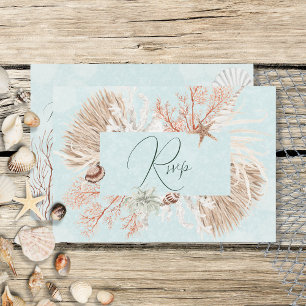 Modern Aqua Ocean & Shells Wedding RSVP Card