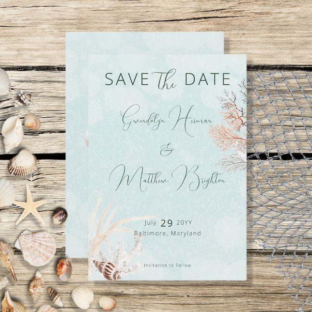 Modern Aqua Ocean & Shells Wedding Save The Date (Creator Uploaded)