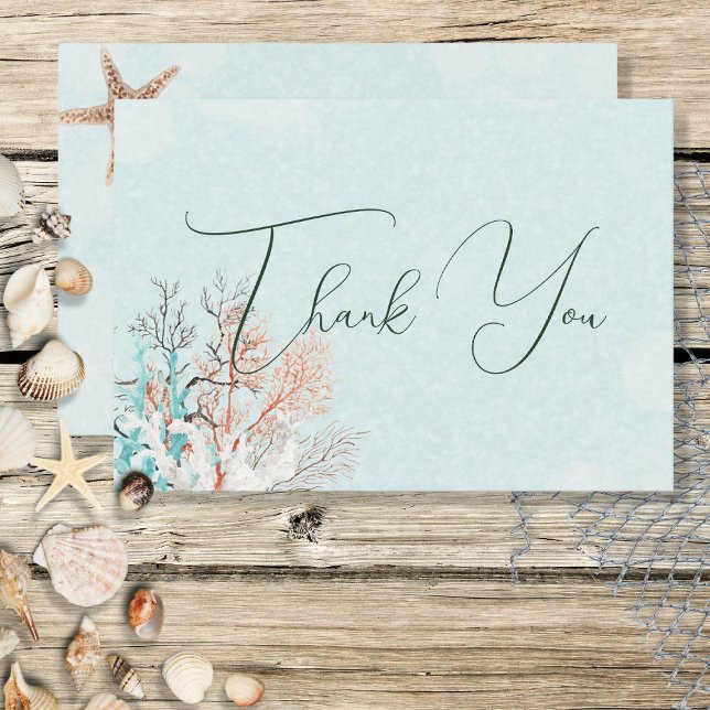 Modern Aqua Ocean & Shells Wedding Thank You Card (Creator Uploaded)