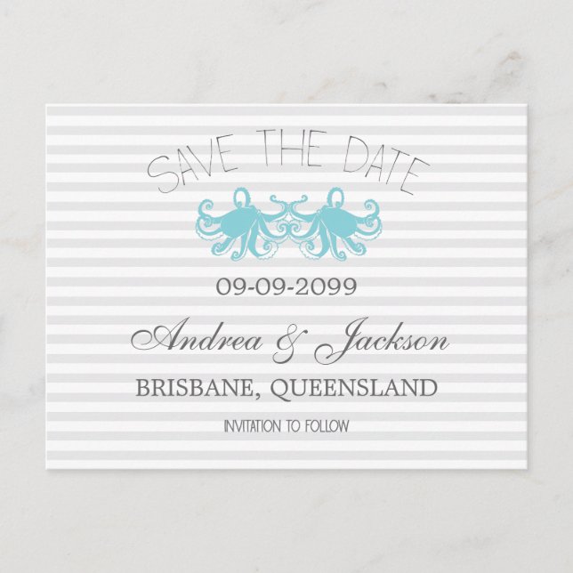 Modern Aqua Octopus Beach Save the Date Cards (Front)