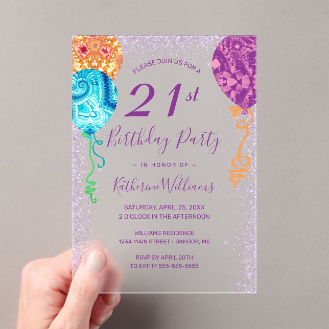 Modern Aqua Purple Balloons 21st Birthday Party Acrylic Invitations (Insitu (Handheld))