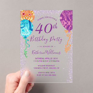 Modern Aqua Purple Balloons 40th Birthday Party Acrylic Invitations