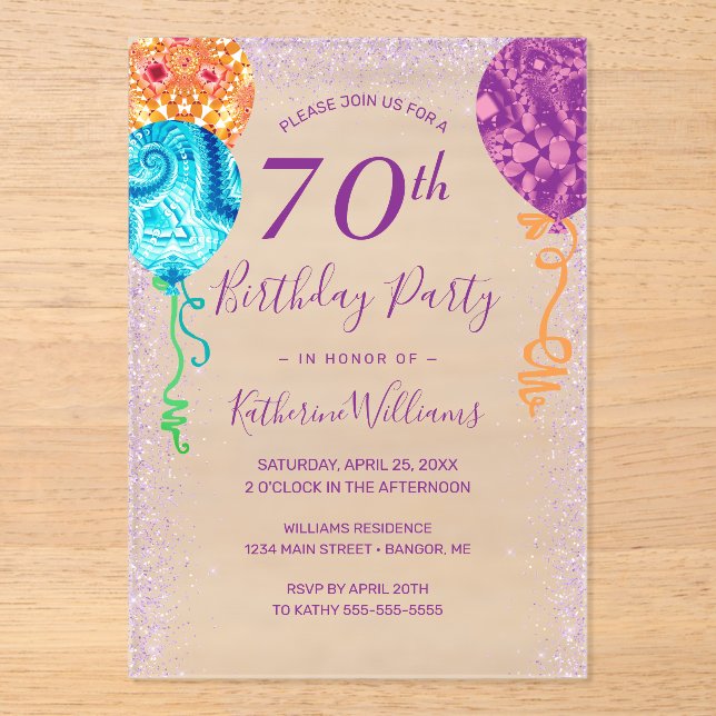 Modern Aqua Purple Balloons 70th Birthday Party Acrylic Invitations (Front)