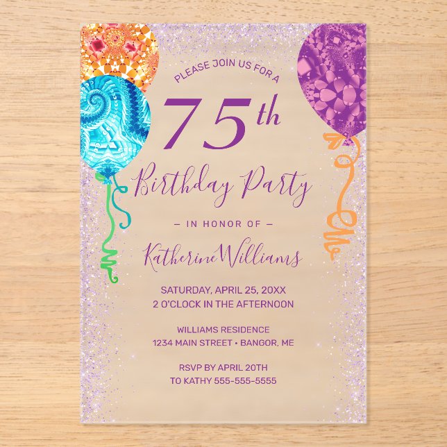Modern Aqua Purple Balloons 75th Birthday Party Acrylic Invitations (Front)