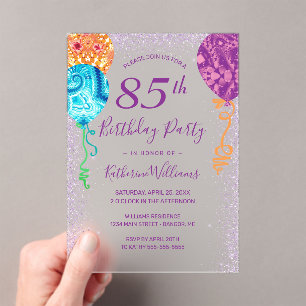 Modern Aqua Purple Balloons 85th Birthday Party Acrylic Invitations