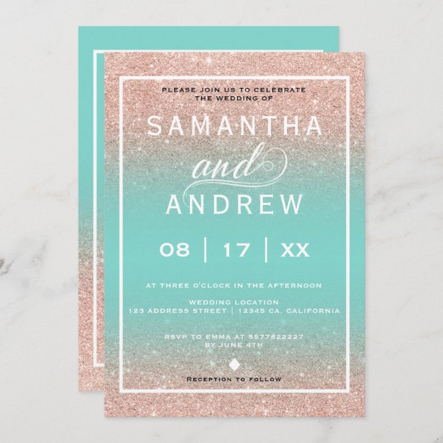 Modern Aqua rose gold typography wedding Invitation (Front/Back)