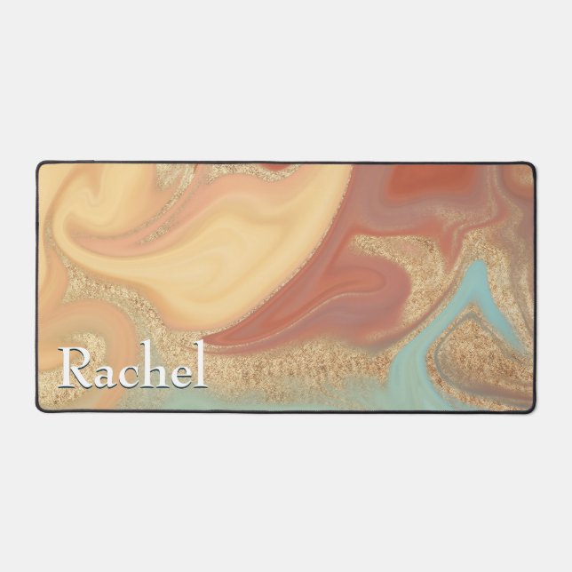Modern Aqua Rust Yellow Gold Marble Swirl Monogram Desk Mat (Front)