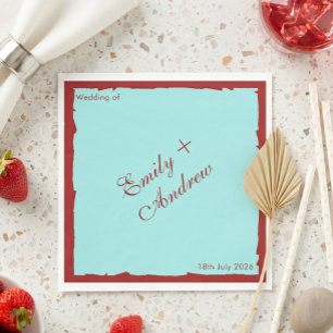 Modern Aqua Teal & Deep Red Wedding Invitation Napkin