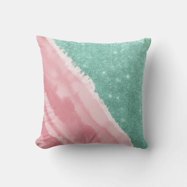 Modern Aqua Teal Pink Glitter Watercolor Beach Cushion (Front)