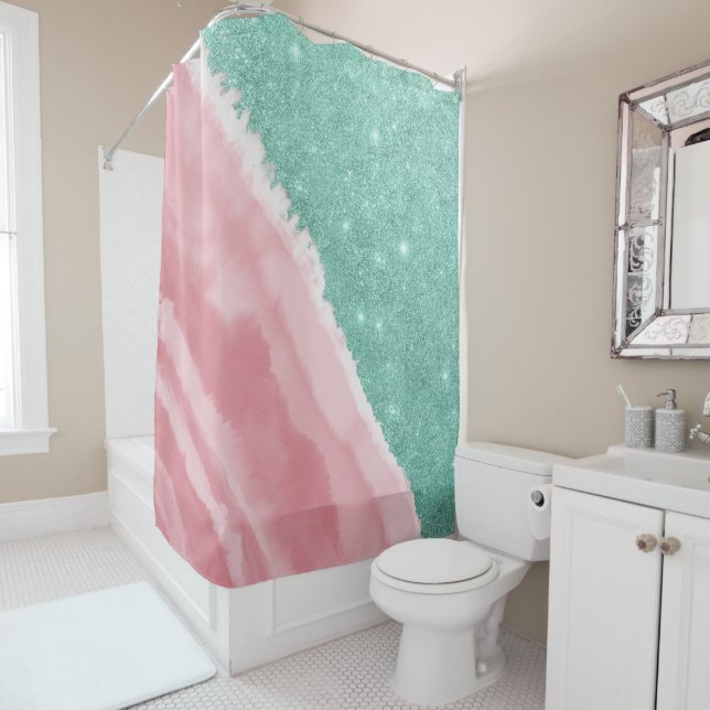Modern Aqua Teal Pink Glitter Watercolor Beach Shower Curtain (In Situ)