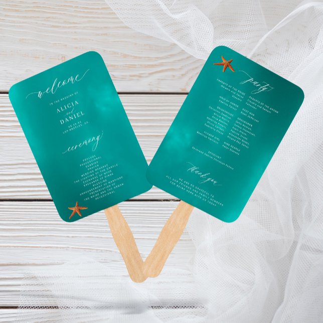 Modern aqua teal summer wedding program hand fan (Creator Uploaded)