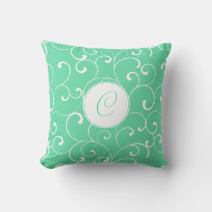 Modern Aqua Whimsical Curls with Monogram Cushion