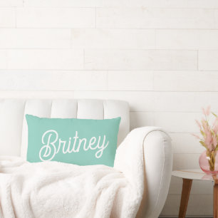 Modern Aqua White Monogram and Name  Lumbar Cushion