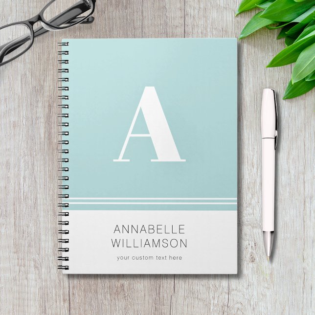 Modern aqua white monogram simple notebook (Modern simple minimalist monogram notebook with customizable text in mint aqua and white.)