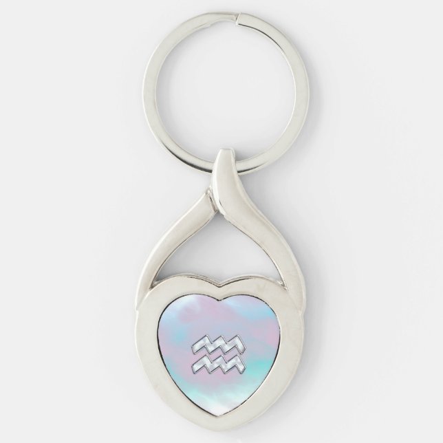 Modern Aquarius Sign on Mother of Pearl Style Key Ring (Front)