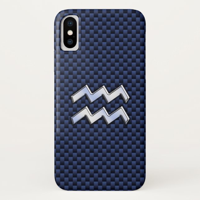 Modern Aquarius Sign on navy blue carbon fibre Case-Mate iPhone Case (Back)