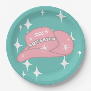 Modern Aquarius Zodiac Cowgirl Hat Teal Party Paper Plate