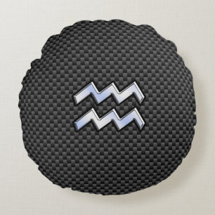 Modern Aquarius Zodiac Sign Carbon Fibre Style Round Cushion