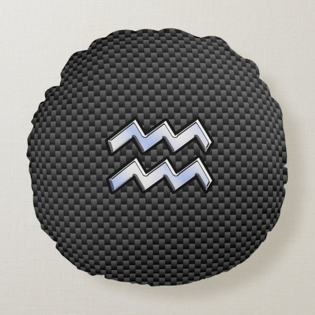 Modern Aquarius Zodiac Sign Carbon Fibre Style Round Cushion (Front)