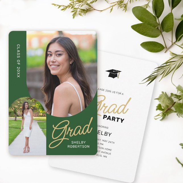 Modern Arch 2 Photo Grad Party Green Invitation (Creator Uploaded)