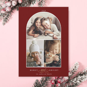 Modern Arch 3 Photo Merry & Bright Red Holiday Card