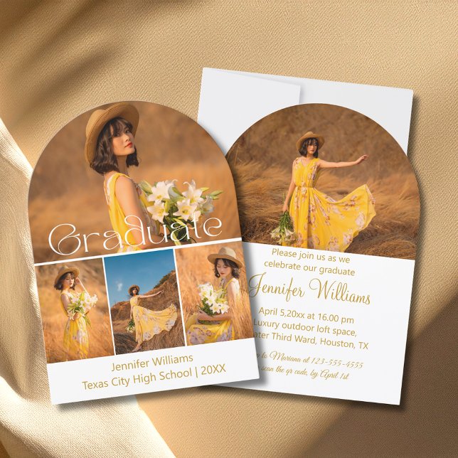 Modern Arch 5 Photo Collage Gold Script Graduation Invitation (Creator Uploaded)