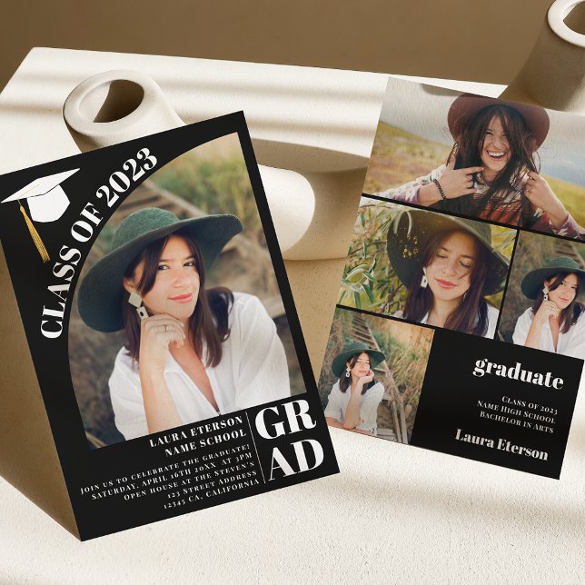 Modern arch black 5 photos graduation invitation (Creator Uploaded)