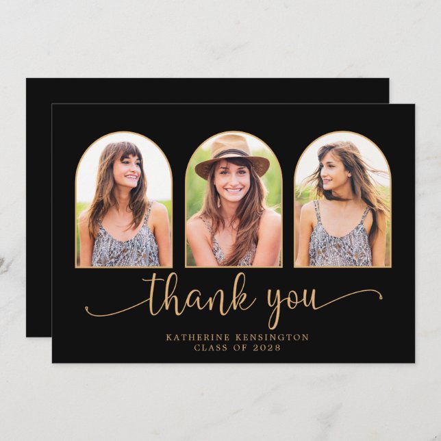 Modern Arch Black Gold 3 Photo Graduation Thank You Card (Front/Back)