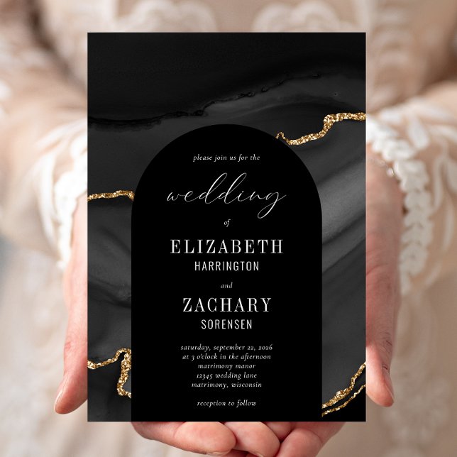 Modern Arch Black Gold Agate Wedding Invitation (Creator Uploaded)