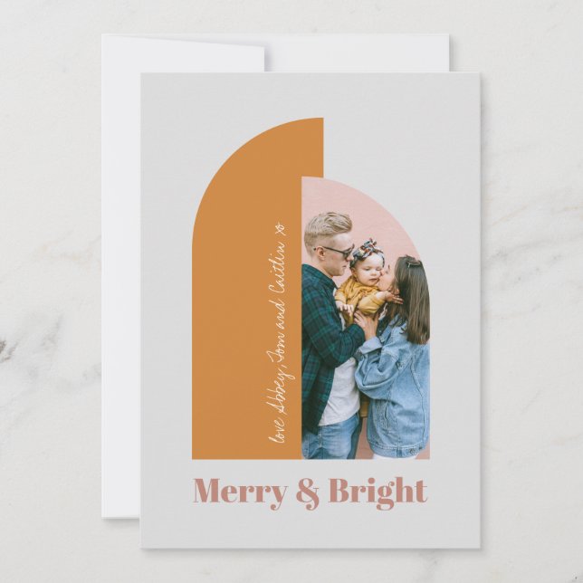 Modern Arch Blush Dusty Pink Grey Merry Photo Holiday Card (Front)