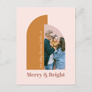 Modern Arch Blush Dusty Pink Merry Bright Photo Holiday Postcard