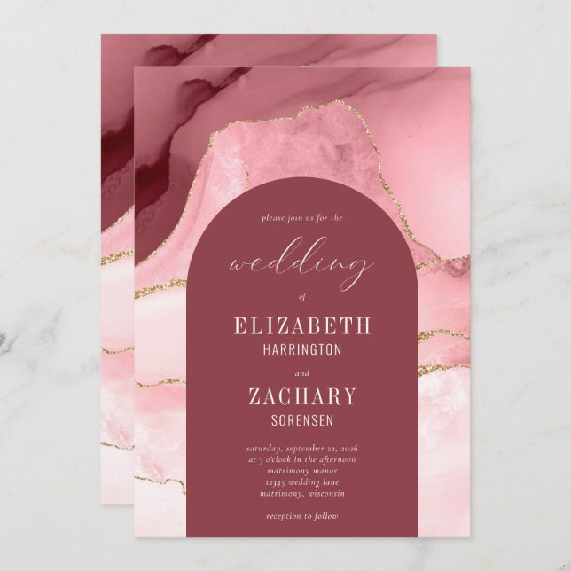 Modern Arch Blush Pink Gold Agate Wedding Invitation (Front/Back)