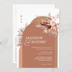 Modern Arch Boho Pampas Grass Terracotta Wedding Invitation