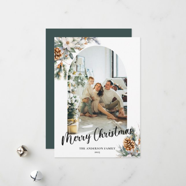 Modern Arch Botanical Greenery & Photo Christmas Holiday Card (Front/Back In Situ)