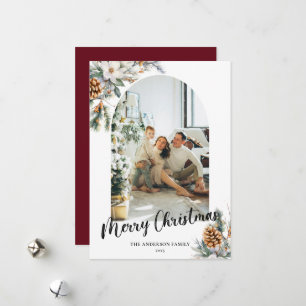 Modern Arch Botanical Red and White Christmas Holiday Card
